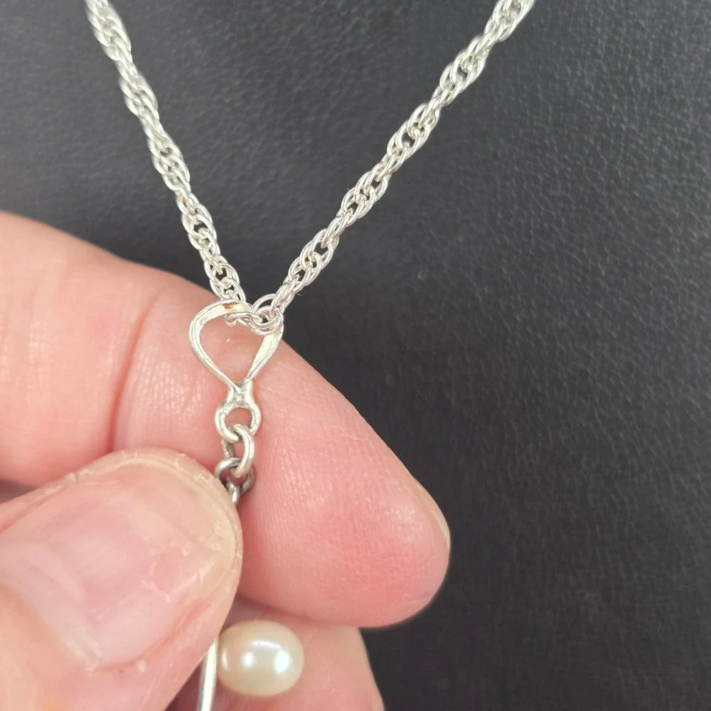 Sterling Silver 925 Double Teardrop Dangle Pearl Pendant Rope Chain Necklace 16